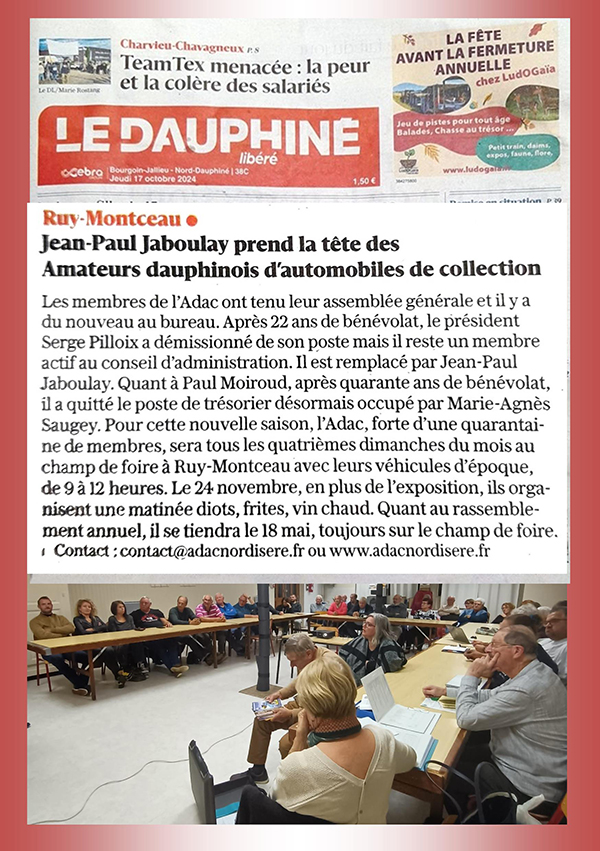 Jean-Paul Jaboulay prend la tête de l'ADAC - Article du Dauphiné Libéré du 17 octobre 2024