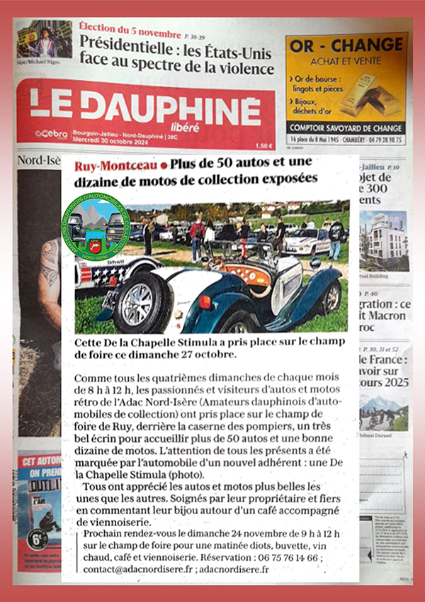 Plus de 50 autos et une dizaine de motos de collection exposées à Ruy-Montceau - Article du Dauphiné Libéré du 30 octobre 2024